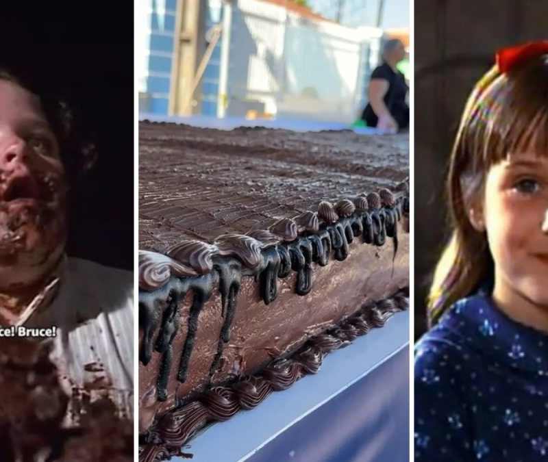 Bolo gigante de 2 toneladas com calda despejada com mangueiras e guindaste no Paraná foi inspirado no filme ‘Matilda’