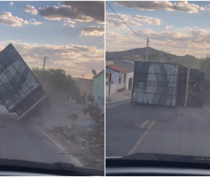 Caminhão sem freio colide e tomba em ladeira no interior do Ceará; vídeo