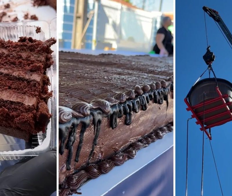 Confeiteira do Paraná faz bolo gigante de 2 toneladas e despeja 600 litros de calda com ajuda de mangueiras, caixa d’água e guindaste