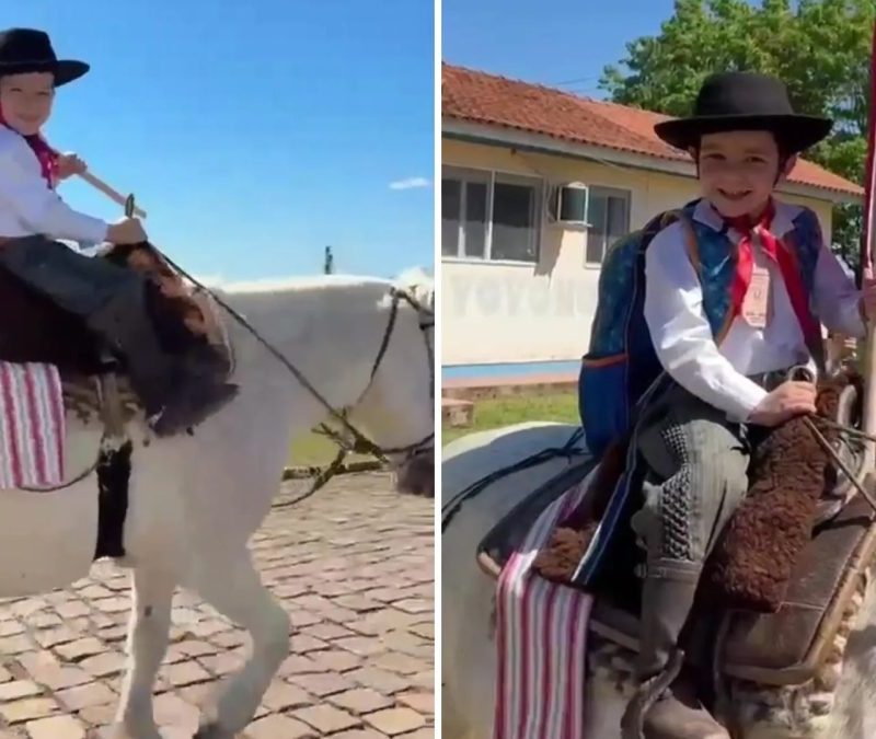 Menino de 5 anos vai à escola a cavalo para homenagear o Rio Grande do Sul
