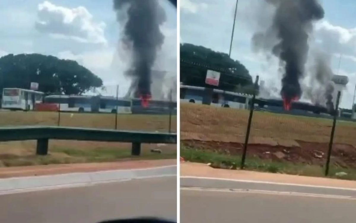 Ônibus pega fogo, e fumaça escura assusta em Goiânia; vídeo