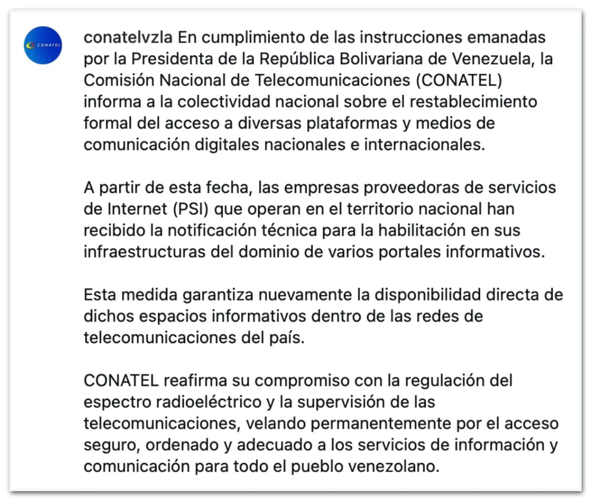 Venezuela desbloqueia sites de notícias após anos