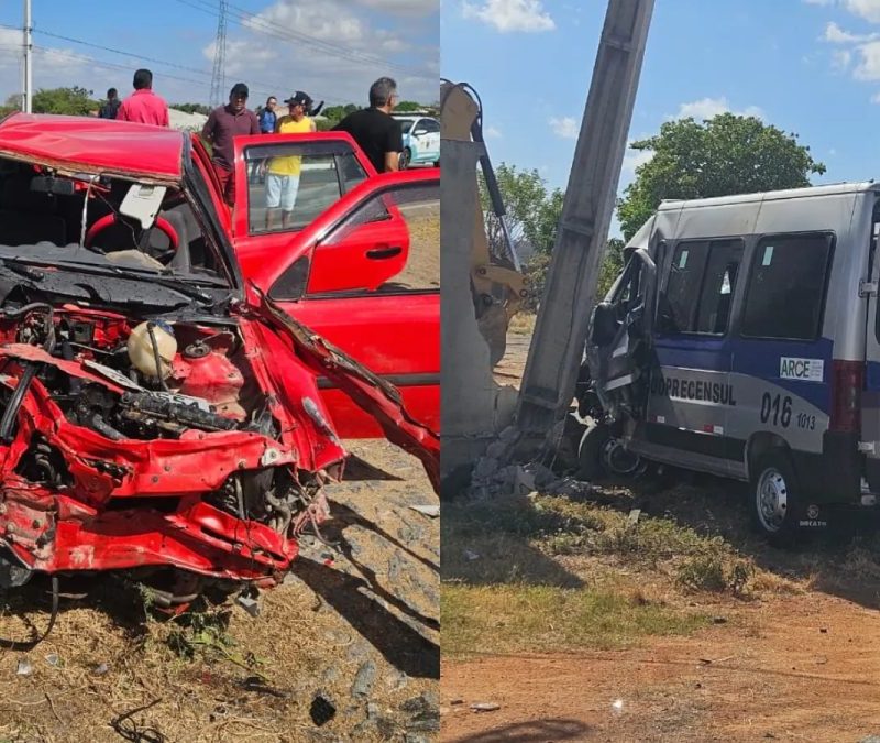 Acidente com carros e van deixa três feridos e causa incêndio em vegetação no interior do Ceará
