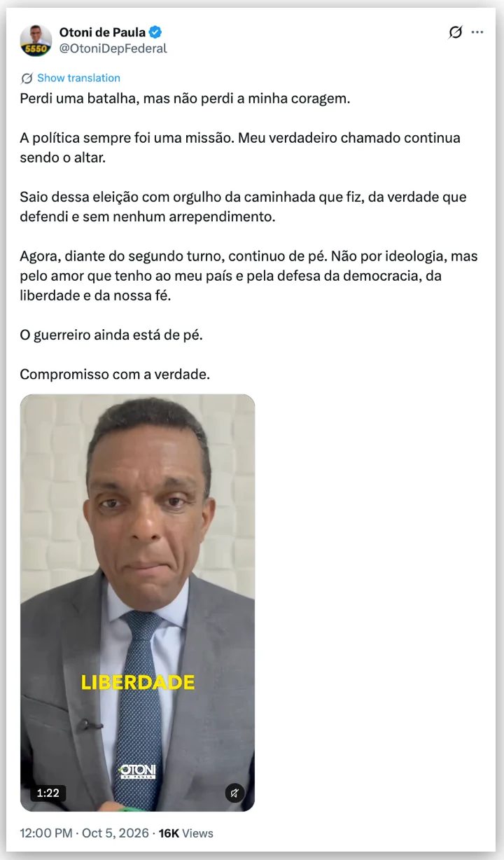Após romper com Bolsonaro e apoiar Lula, Otoni de Paula perde eleição