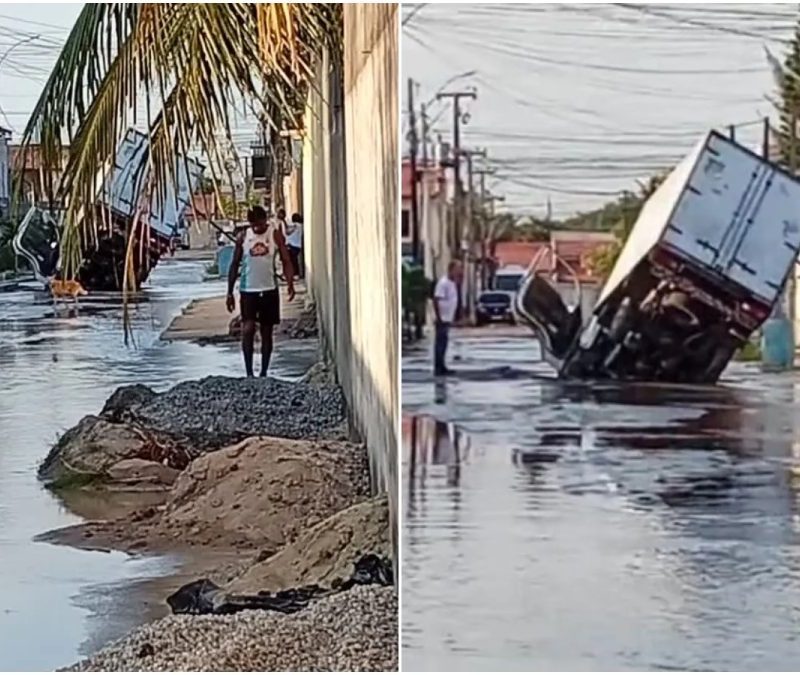 Asfalto cede e cratera ‘engole’ caminhão na Grande Fortaleza; vídeo