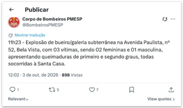Bueiro explode na Avenida Paulista e deixa 3 feridos