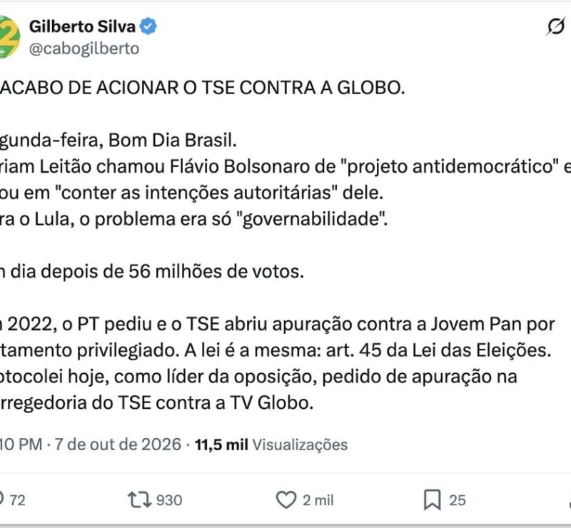 Cabo Gilberto diz ter acionado TSE contra “TV Globo” por fala sobre Flávio