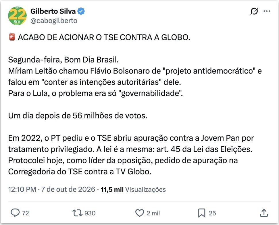 Cabo Gilberto diz ter acionado TSE contra “TV Globo” por fala sobre Flávio