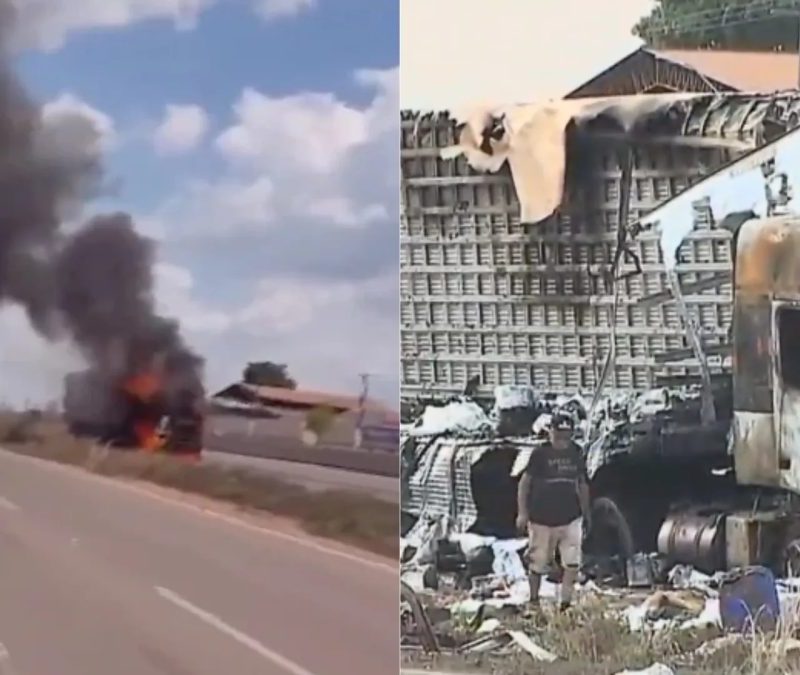 Caminhão carregado com arroz e utensílios de cozinha pega fogo na BR-010, em Imperatriz