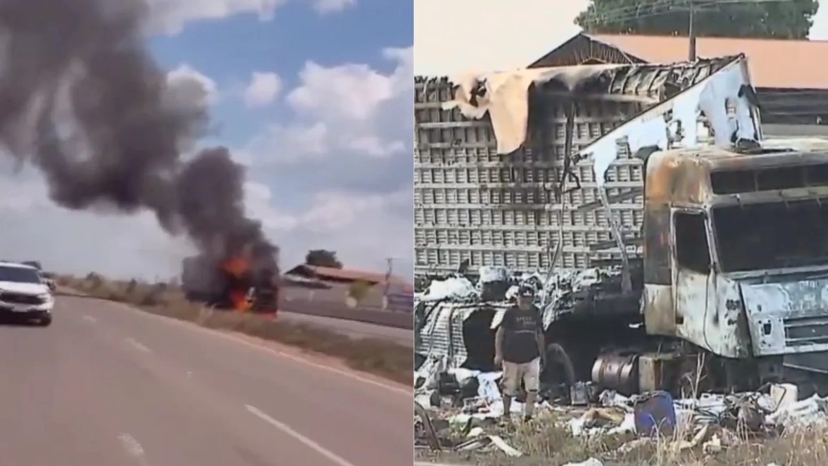 Caminhão carregado com arroz e utensílios de cozinha pega fogo na BR-010, em Imperatriz