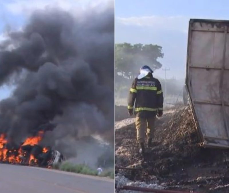 Carreta carregada com caroço de algodão tomba e pega fogo em rodovia no sul do Maranhão