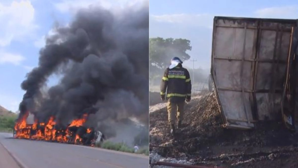 Carreta carregada com caroço de algodão tomba e pega fogo em rodovia no sul do Maranhão