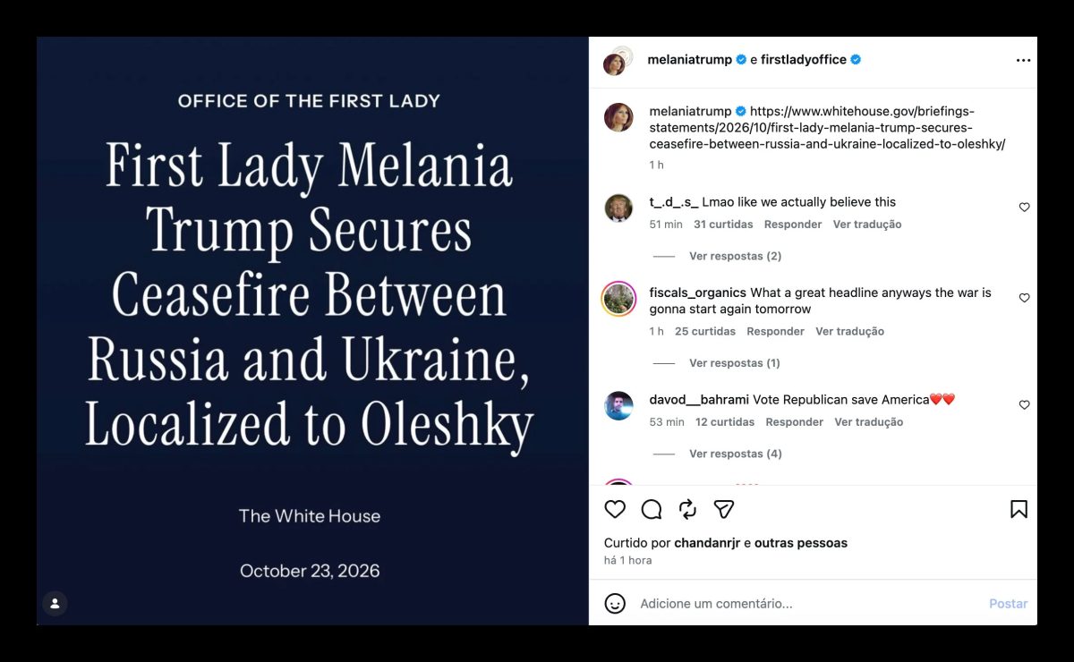 Casa Branca diz que Melania fechou cessar-fogo entre Rússia e Ucrânia