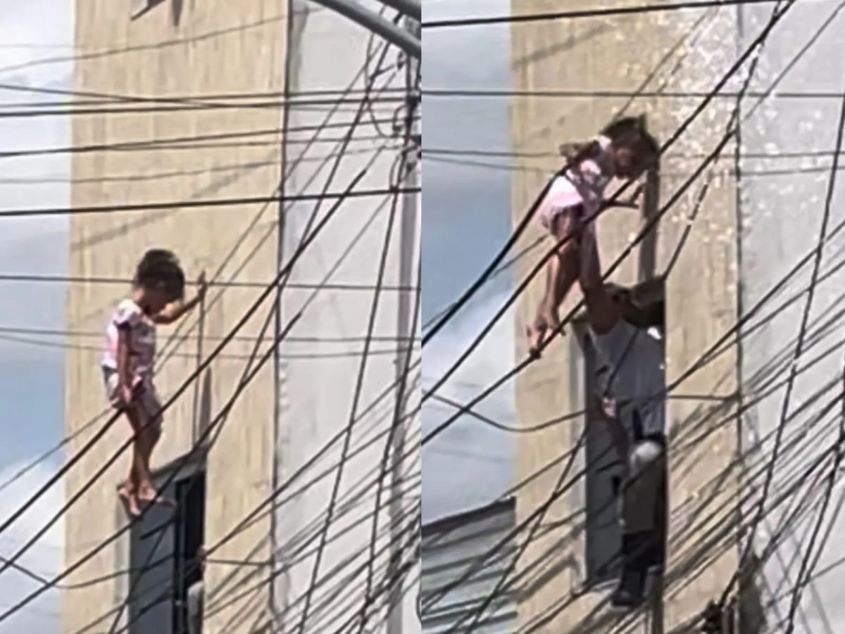 Criança cai de janela, fica presa em fiação elétrica e é resgatada por PM em Alagoas; VÍDEO