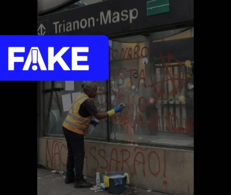 É #FAKE foto de mulher limpando pichação em estação de Metrô após ato de Lula na Paulista; imagem foi manipulada com IA