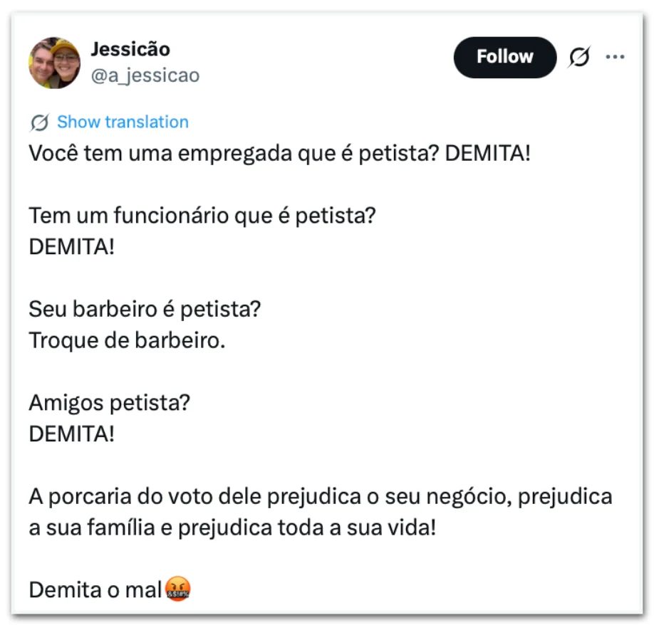 Empresários dizem que vão demitir funcionários que votaram em Lula