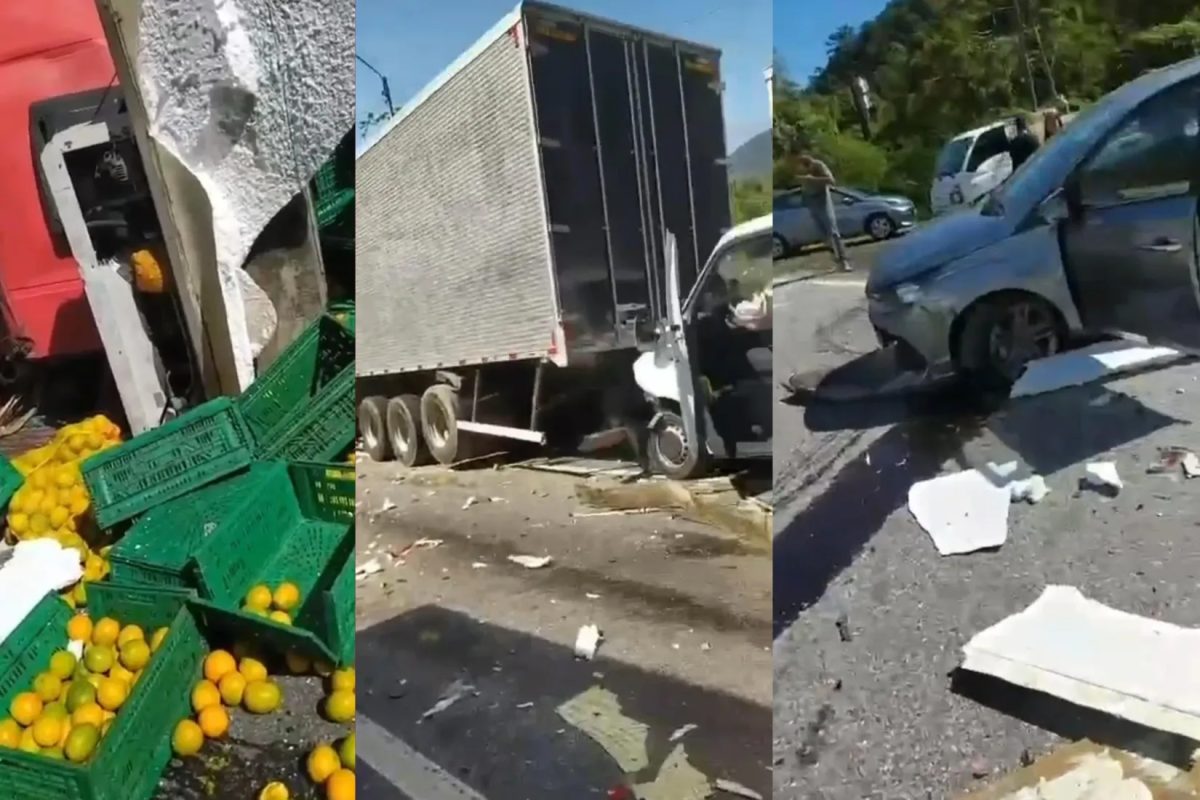 Engavetamento com três carros, uma van e seis caminhões deixa feridos na BR-376, no litoral do Paraná; VÍDEO