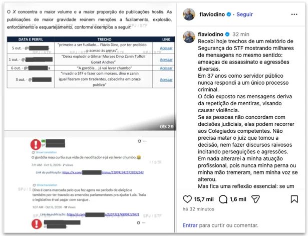 Fachin aciona PF para investigar mensagens que ameaçam Flávio Dino