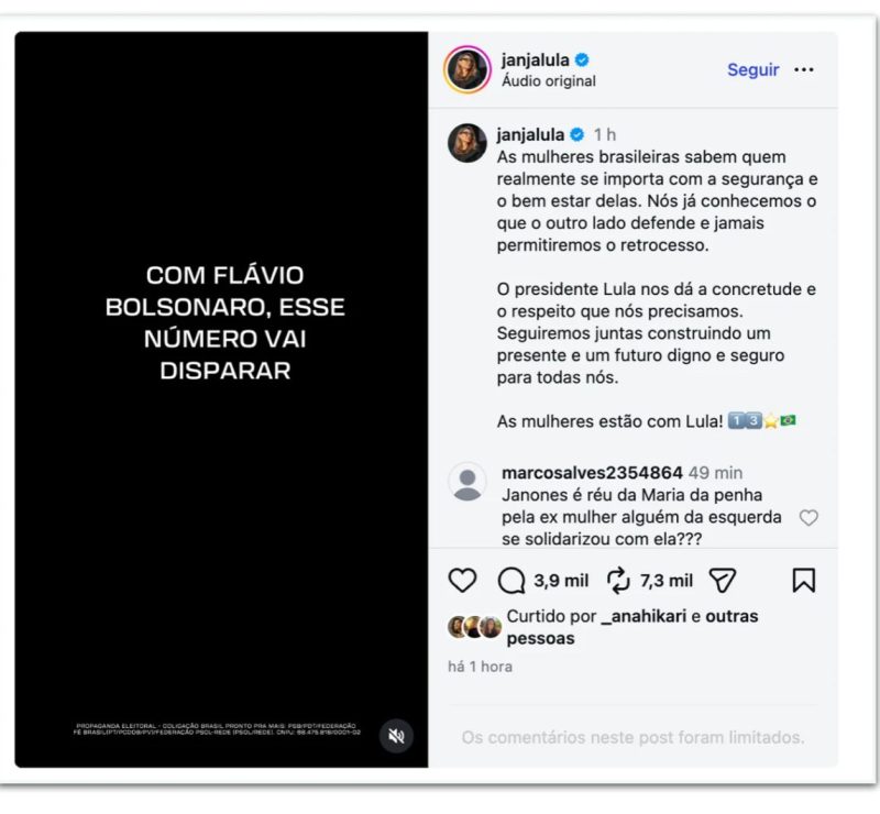 Feminicídios “irão disparar” sob Flávio, diz vídeo publicado por Janja