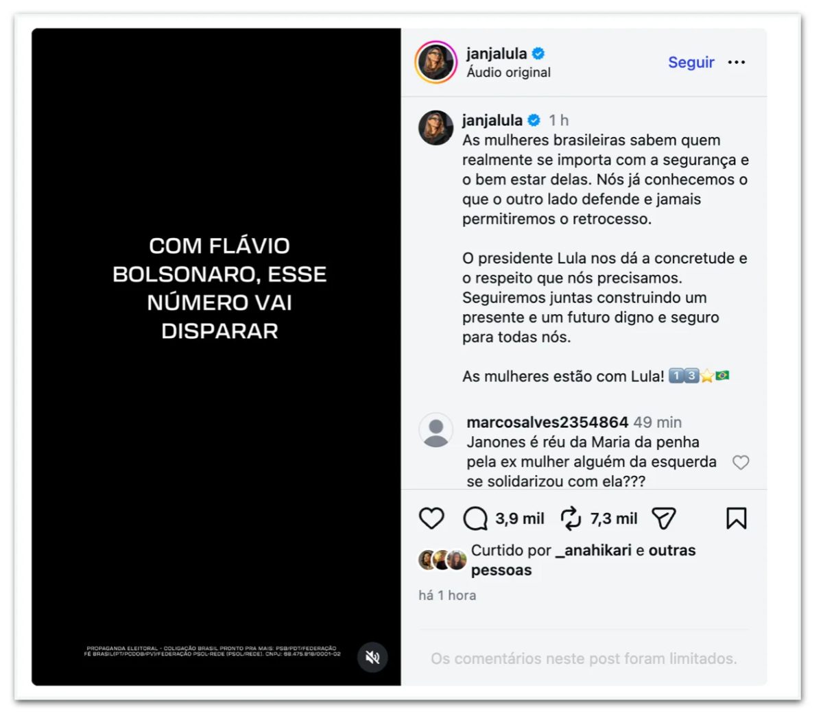 Feminicídios “irão disparar” sob Flávio, diz vídeo publicado por Janja