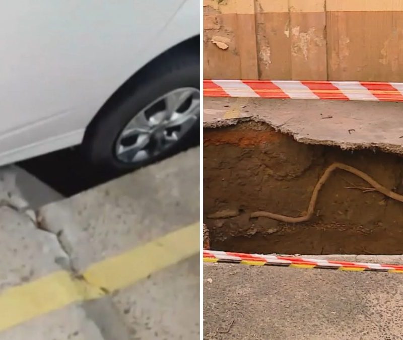 FOTO: Cratera se abre em garagem de condomínio de Porto Alegre e ‘engole’ roda de carro