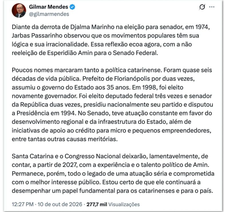 Gilmar lamenta que senador Esperidião Amin não tenha sido eleito