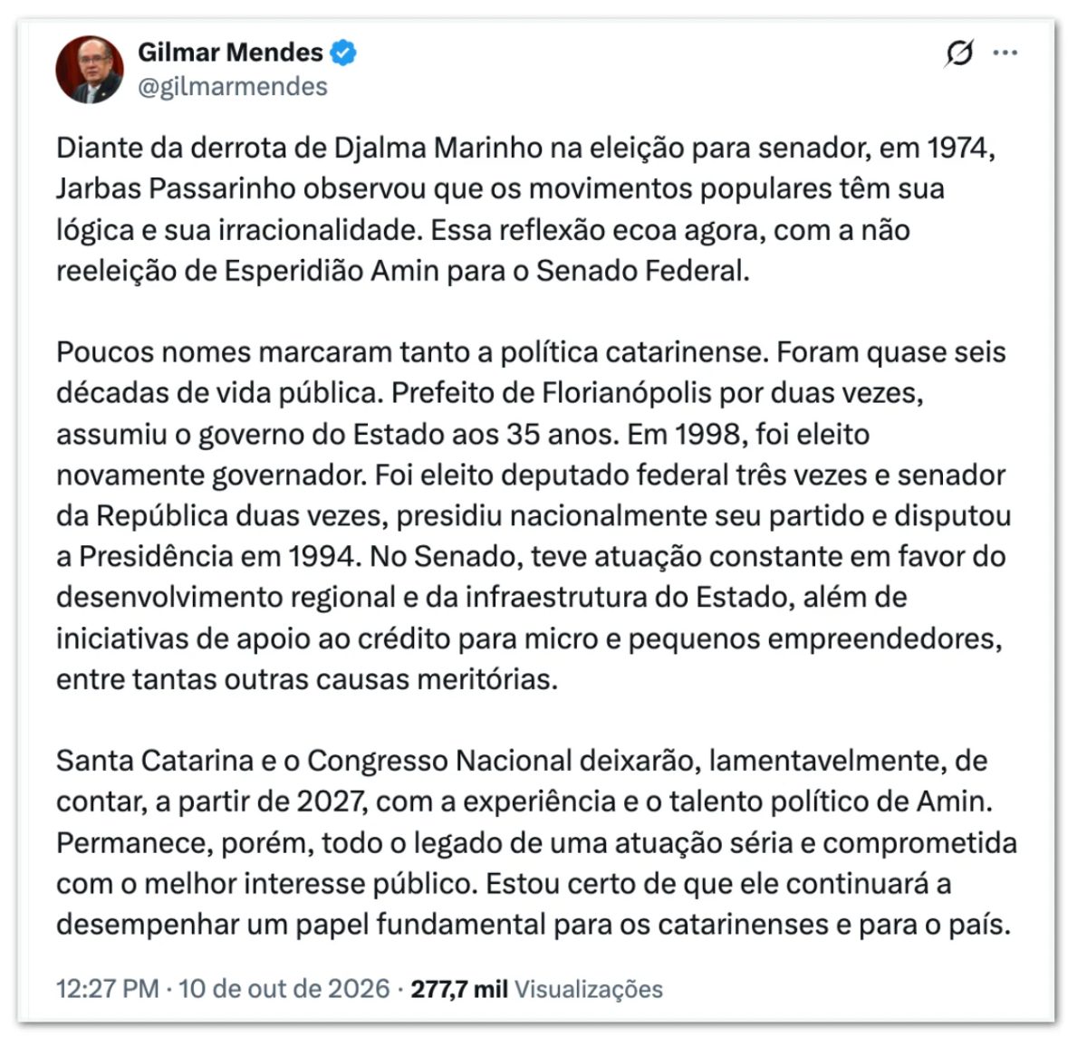 Gilmar lamenta que senador Esperidião Amin não tenha sido eleito