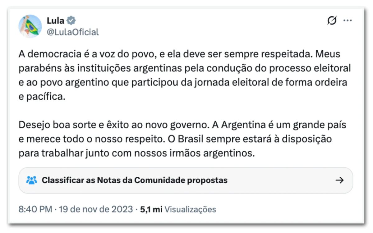 Governo Milei diz que não vai se manifestar sobre vitória de Lula