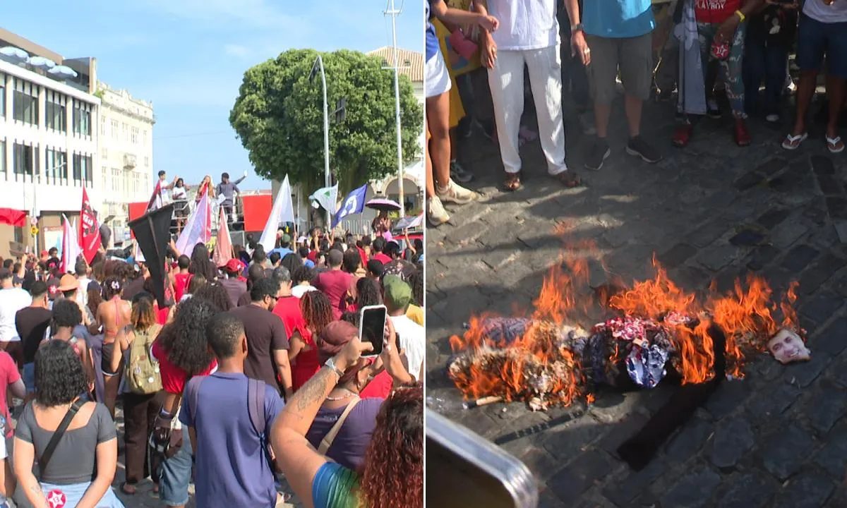 Grupo protesta em Salvador após redução da frota de ônibus na eleição e queima boneco com foto do prefeito; expediente é suspenso