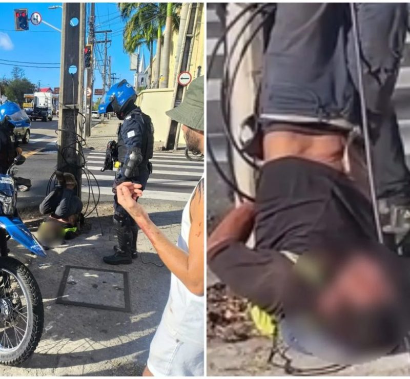 Homem é amarrado de cabeça para baixo em poste após tentativa de roubo e ataque com faca em Fortaleza