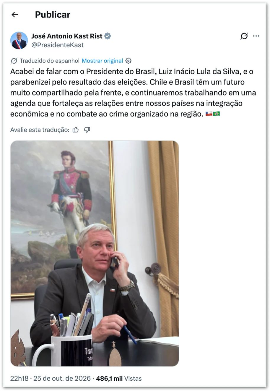 José Antonio Kast irá à posse de Lula, diz governo chileno