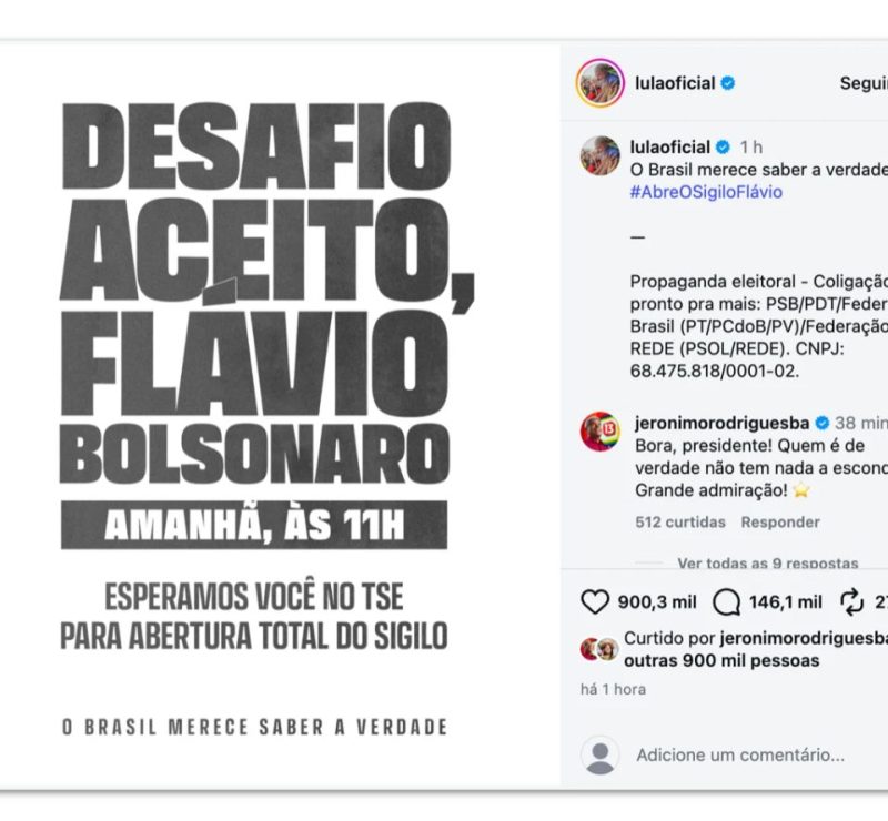 Lula faz convite a Flávio para abrir sigilos nesta 5ª feira no TSE