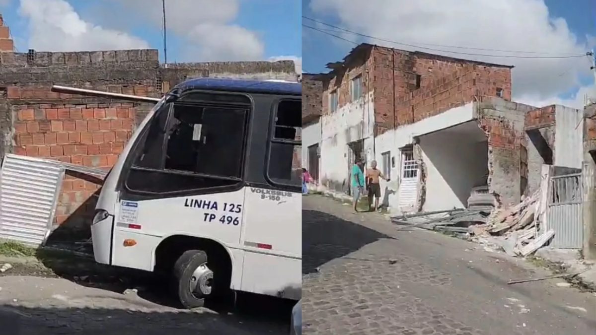 Micro-ônibus desce ladeira de ré, bate em três casas e deixa passageira ferida em Jaboatão; VÍDEO