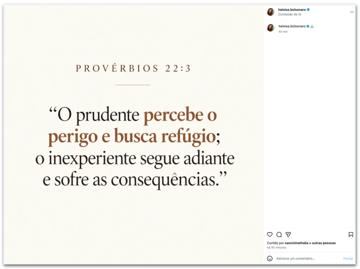 Mulher de Eduardo posta versículo sobre “refúgio” após saída de Flávio