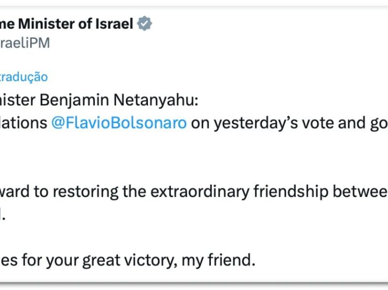 Netanyahu dá parabéns a Flávio e deseja “boa sorte” no 2º turno