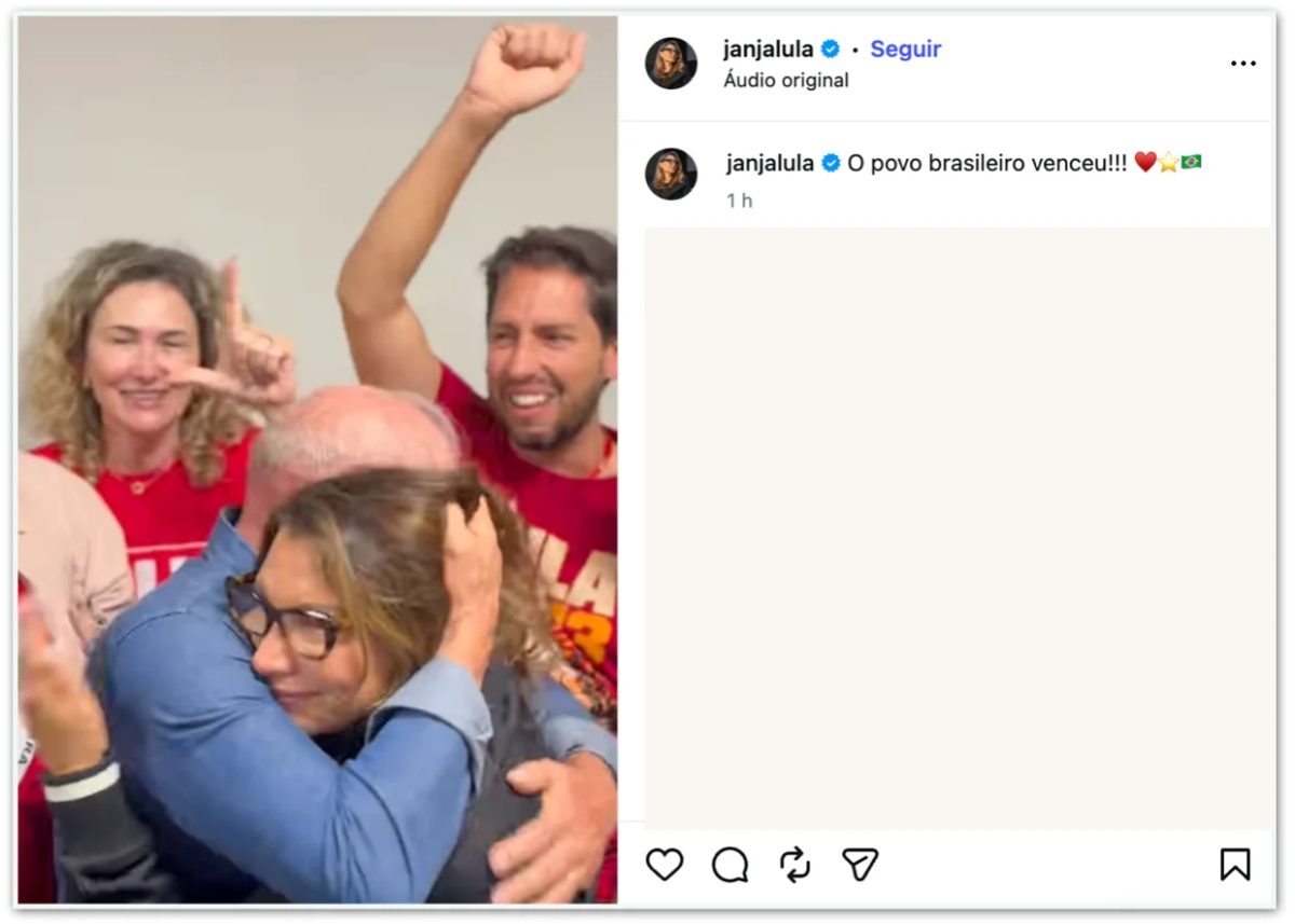 O povo brasileiro venceu, diz Janja após reeleição de Lula