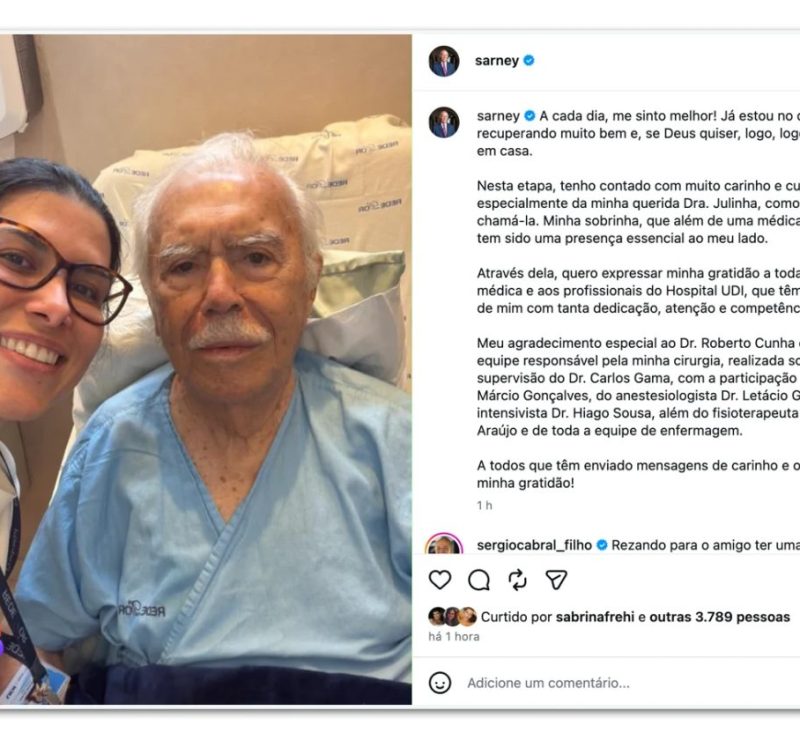 Sarney diz que se recupera bem e espera voltar para casa