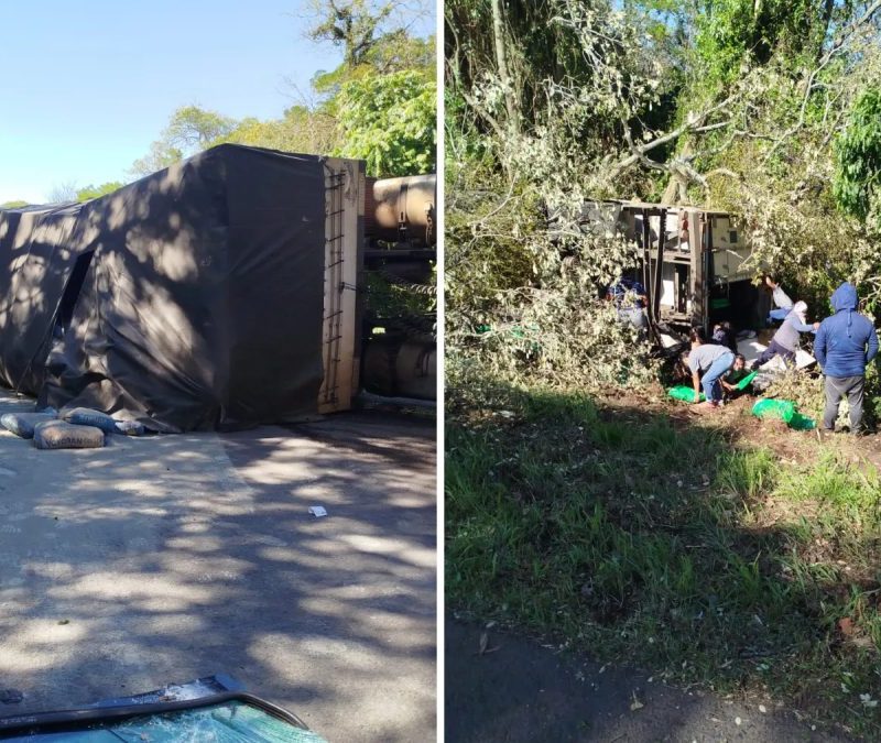 Tombamento de dois caminhões bloqueia BR-277, no Paraná; carga de um deles foi saqueada
