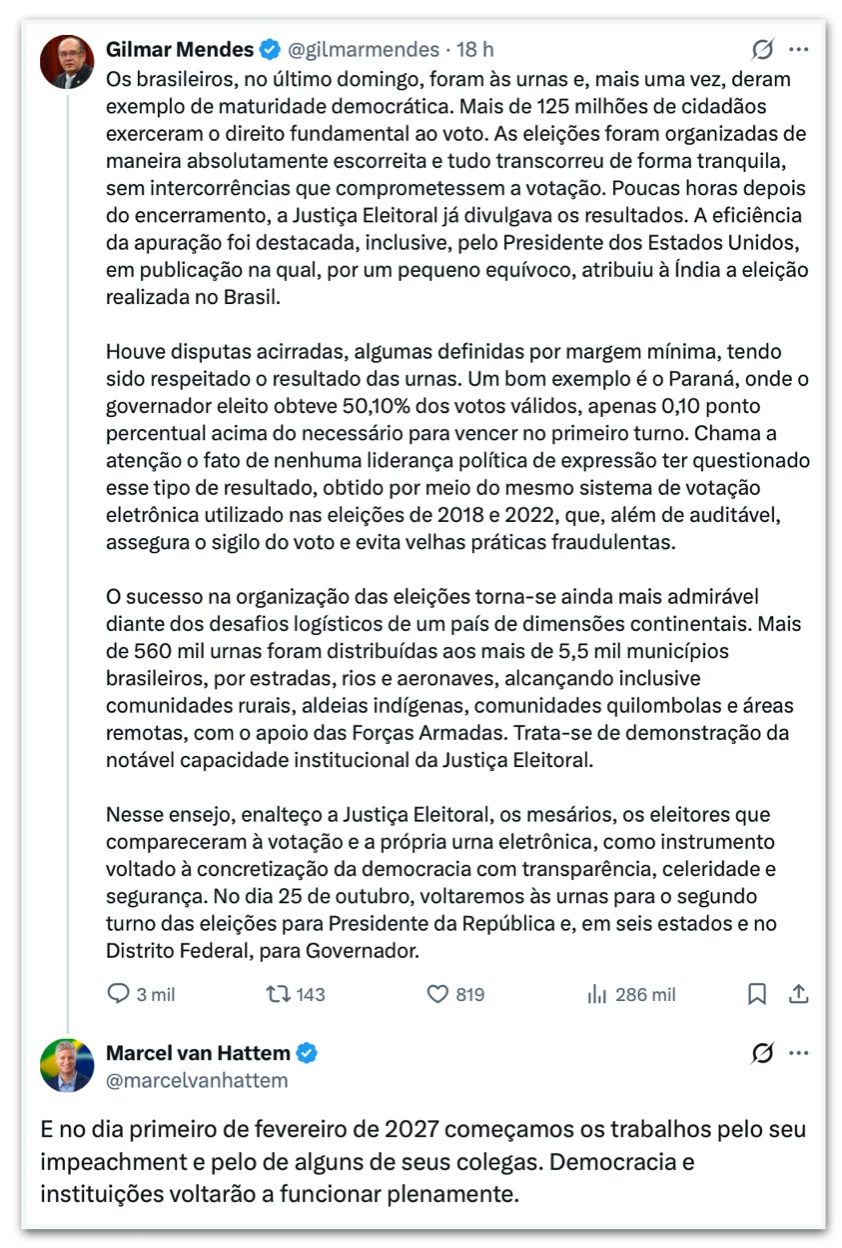 Van Hattem diz a Gilmar que pedirá seu impeachment no Senado