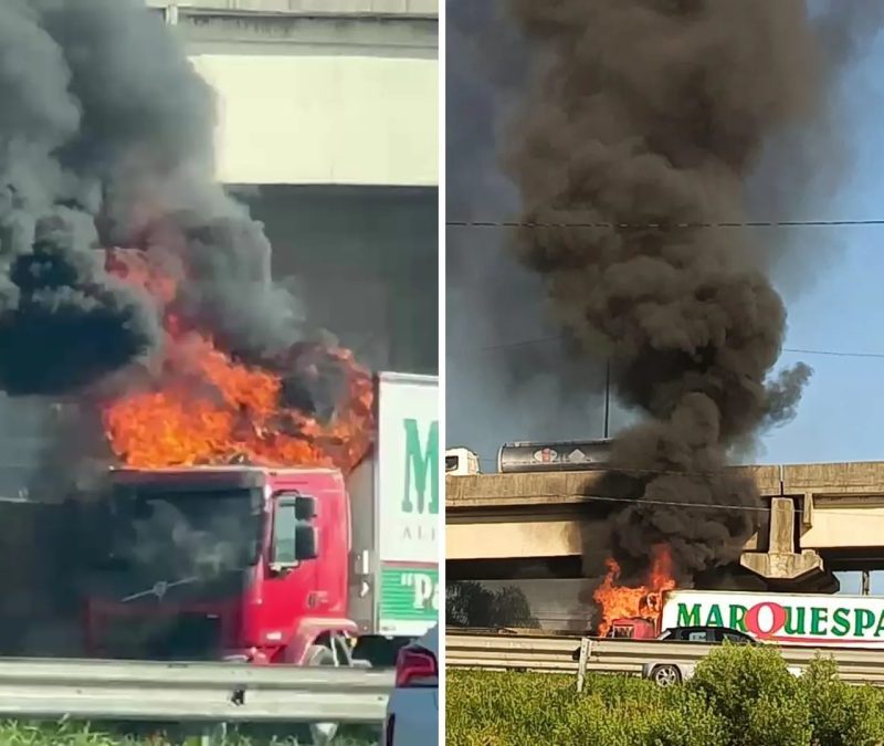 VÍDEO: Caminhão pega fogo em rodovia em frente à Arena do Grêmio e tranca trânsito na saída de Porto Alegre