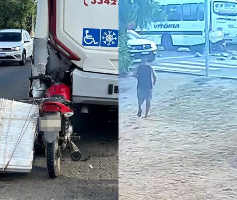 Vídeo: motociclista que transportava frangos bate em traseira de ônibus na Grande Fortaleza